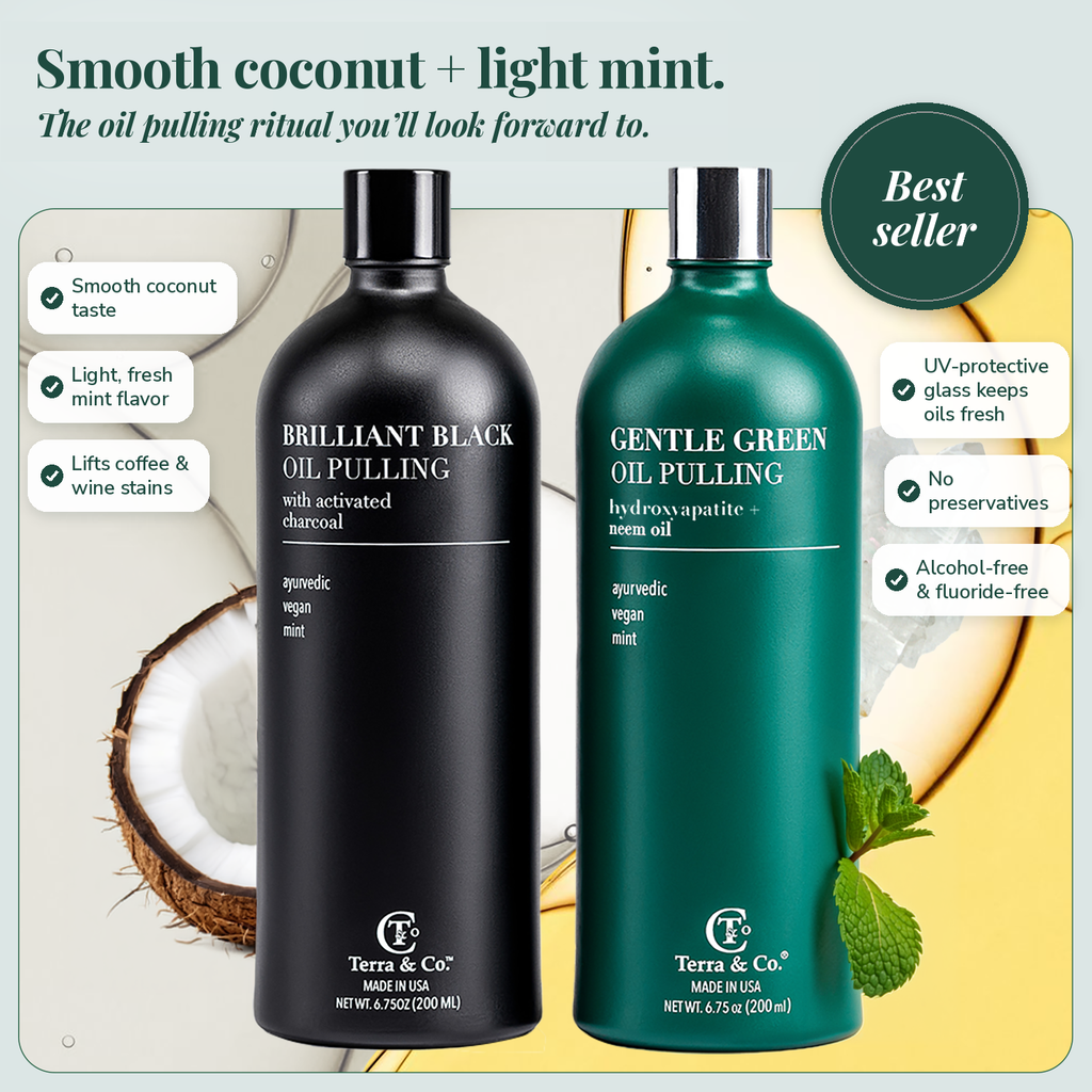 Terra & Co. Ayurvedic Oil Pulling Set: Charcoal Whitening + Nano-Hydroxyapatite Enamel Oil, 2 x 6.75 oz